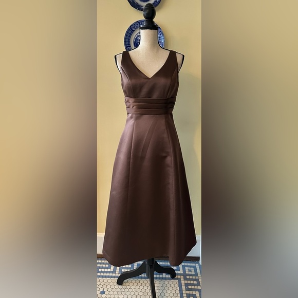 Bill Levkoff | Mocha Brown Satin V-neck Tea Length Sleeveless Bridesmaid Dress - Picture 1 of 7
